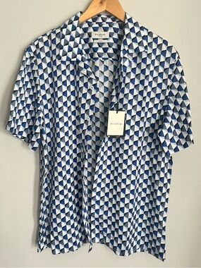BUGATCHI Jackson Shaped Fit Geo Print Short Sleeve Button-Up Camp Shirt Size M